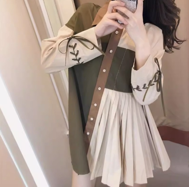 レディース トップス ワンピース シャツ シャツワンピ ミニ 長袖 襟付き プリーツ リボン 前開き かわいい 大人可愛い おしゃれ かっこいい レトロ エキゾチック クール モード系 存在感 カントリー アクティブ ナチュラル 無地 ステッチ 配色 春 秋 デート お出かけ 公園 女子会 休日 ショッピング コンサート ライブ お花見 カフェ 韓国 オルチャン プチプラ 普段使い 着回し モテ インスタ映え S M L XL 小さいサイズ 大きいサイズ カーキ ベーシックカラー 大人カラー 秋カラー