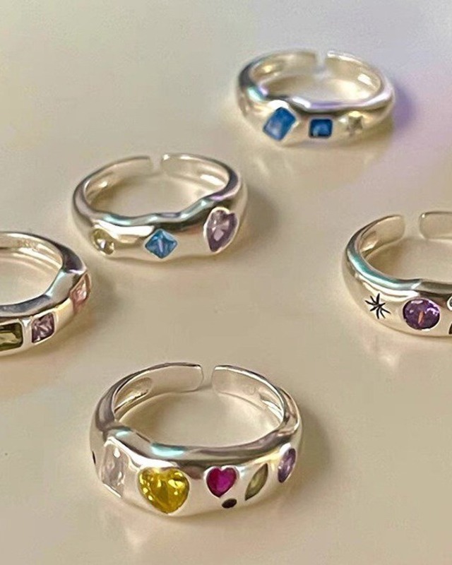 Mixed Shape Gem Open Ring（5color）［A0505］
