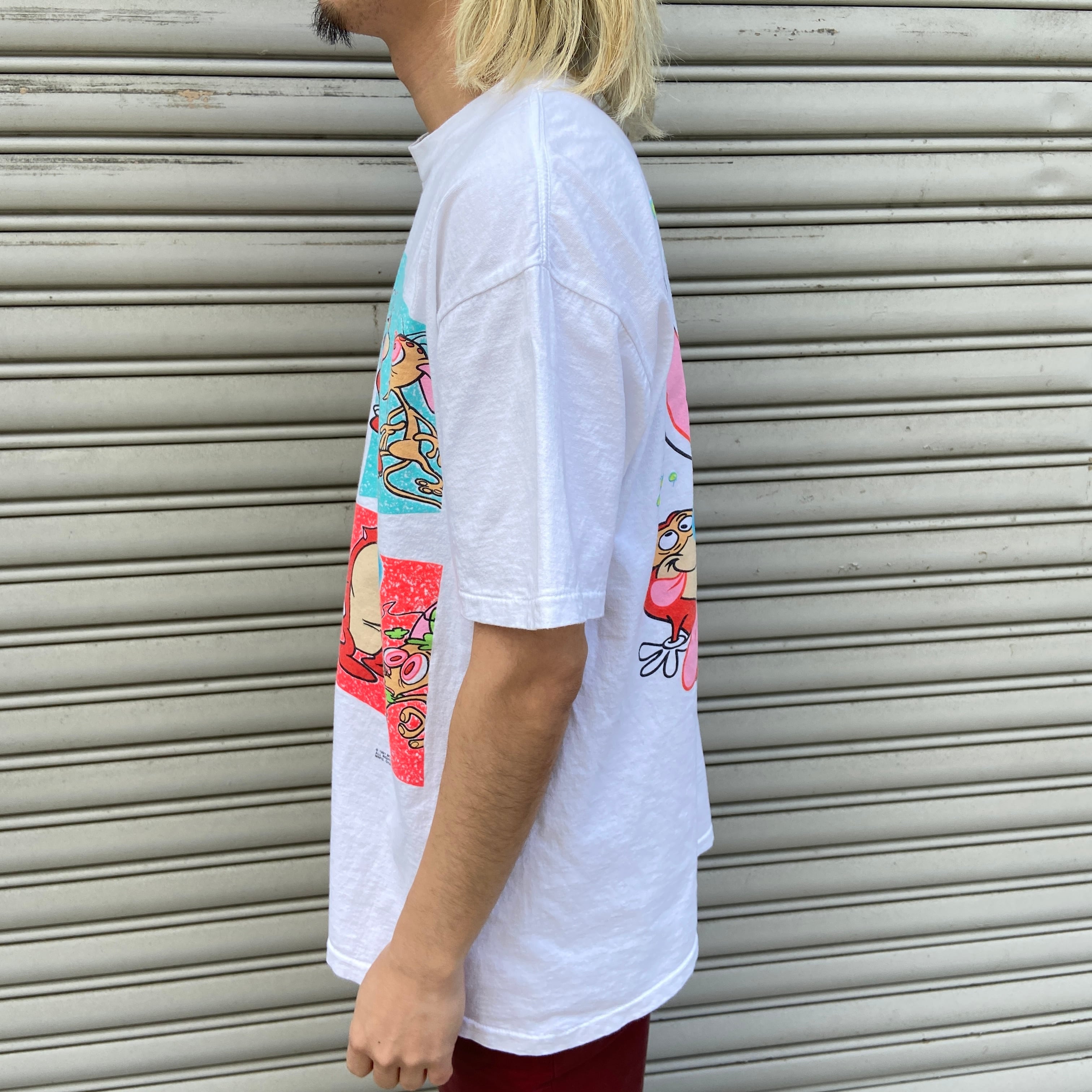 90s レン&スティンピー MTV キャラクターTシャツ アニメ 白 XL相当