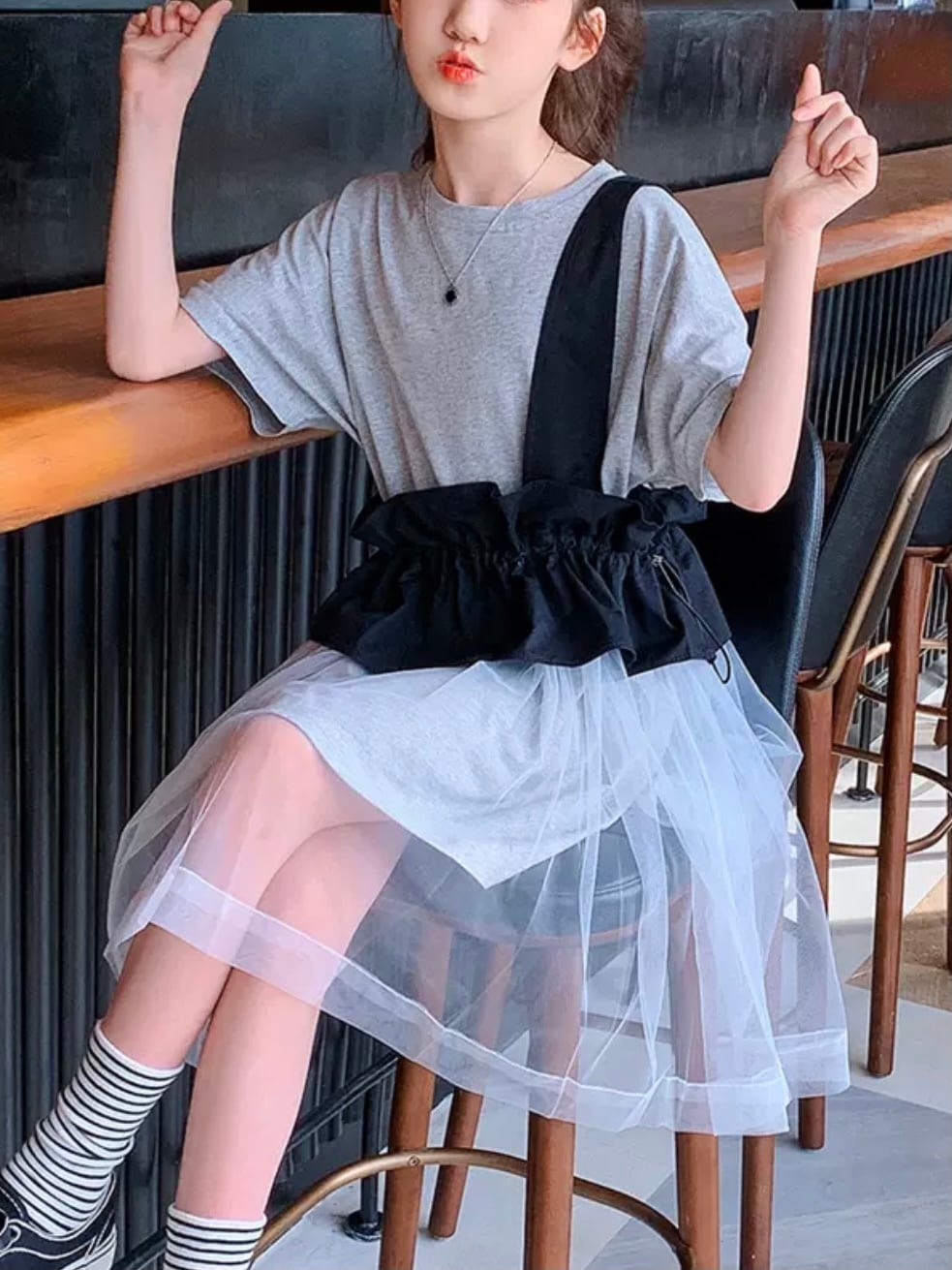 2色 子供服 110〜170 フレアスカート 半袖 アシメ フリル シースルー