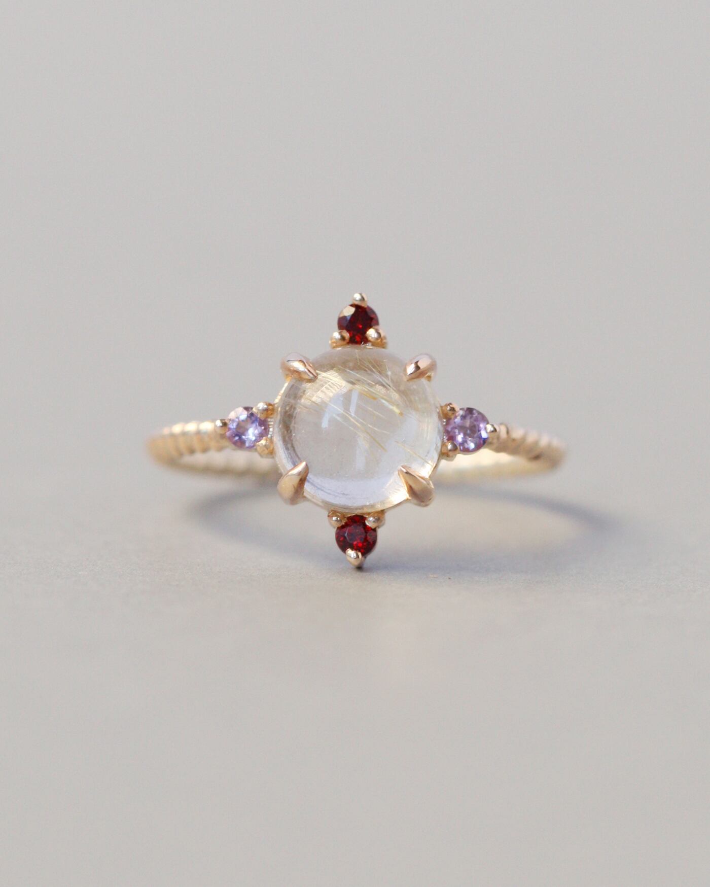 14号 K10 Twist ring+4stone ルチルクォーツ・ガーネット・アメジスト
