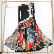 社交ダンス 衣装 スタンダード ドレス ワンピース パーティ衣装 Leirena レイリーナ 黒 赤 白 青 緑 ブラック系 ホワイト系 レッド系 フラワー柄 エレガント 柔らかい 伸縮性 ボリューム感 ハイウエスト レディース ドレスアップ 演出 舞台用 社交ダンス衣装 おしゃれ カジュアル パーティー コスチューム 体型カバー 秋冬用 上品