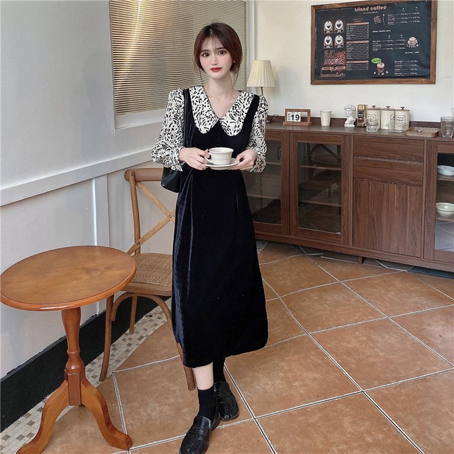 ワンピース レディース 送料無料 ブラック サイズ5展開 S M L XL 2XL 大きいサイズ ロング 重ね着風 ヒョウ柄風 ドッキングワンピース ロングワンピース 黒 無地 長袖 大人かわいい おしゃれ Vネック 襟付き レトロ ガーリー 柄 シャツ ワンピ ブラウス風 大人っぽい 個性的 10代 20代 秋 冬 トレンド カジュアル コーデ 韓国 ファッション デート カジュアルスタイル