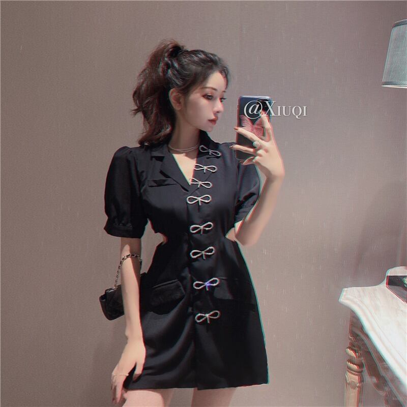 蝶ネクタイVネックブラックスーツショートスカート夏2020新しい女性の気質ウエストスカートスリムドレス ブラックストロベリース63040002985
