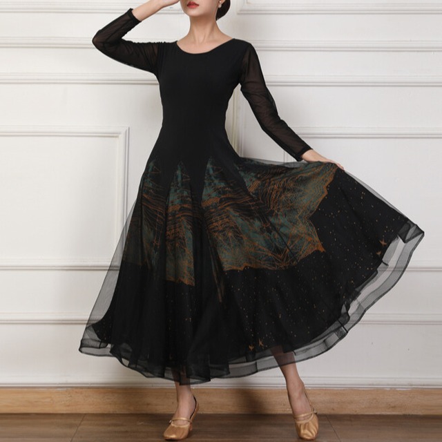 シースルースリーブ ミモレフレア ラウンドネック ダンスドレス  ds1434