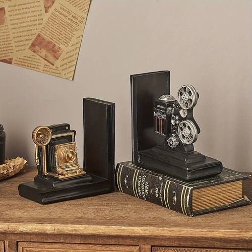レトロ ブックエンド インテリア小物 本立て 装飾 置物 樹脂 ヴィンテージ カメラ 映画フィルム ブックスタンド 本