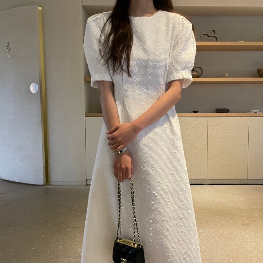 ワンピース ワンピドレス ツイード ミモレ ミモレ丈 ロング ロング丈 9分丈 アンクル丈 半袖 5分袖 五分袖 パフスリーブ ラウンドネック 細身 Aライン ウエストマーク ハイウエスト かわいい 大人可愛い きれいめ シンプル カジュアル おしゃれ ラフ キュート ガーリー 無地 春 夏 秋 冬 オールシーズン シーズンレス 10代 20代 30代 40代 レディース 学生 通学 デート お出かけ 女子会 休日 リゾート 旅行 ショッピング 普段使い 重ね着 S M ゆる ホワイト パープル