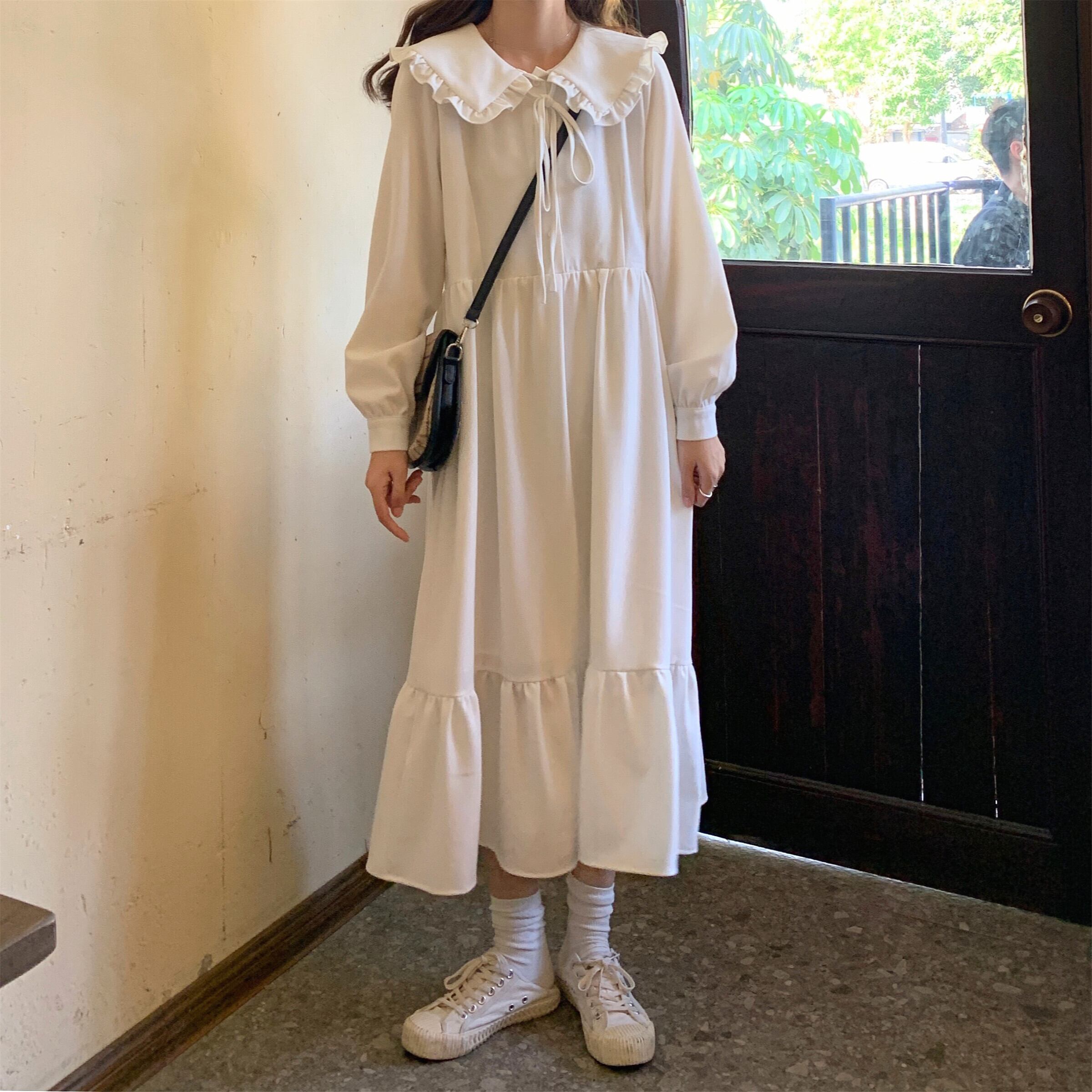 オータムスタイルレースカラーホワイトロングドレス スカート 秋物 萌量不足65861828216