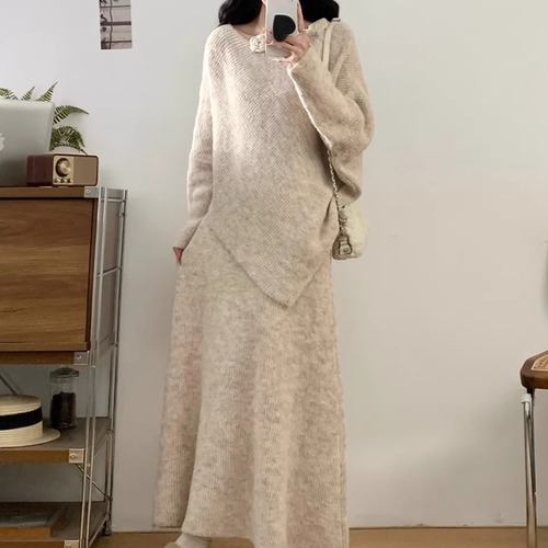 【2点セット】6色／アシメヘムクロシェフラワーニットトップス＋Aラインマキシスカート ・73893