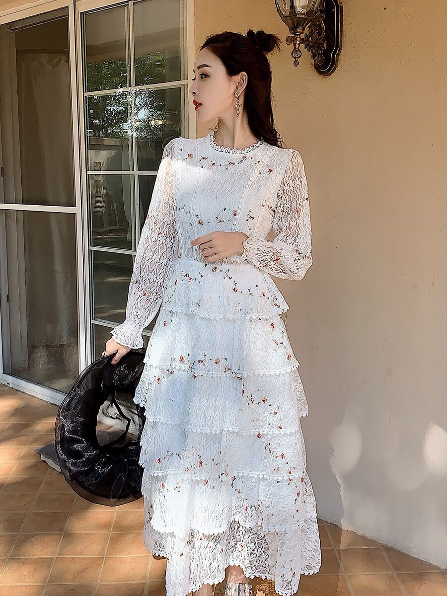 全2色 ティアードロングドレス レース フリル 段々フリル ティアード