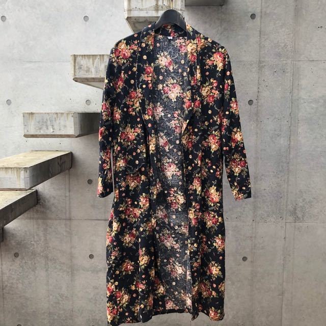 vintage flower print gown coat リネン花柄コート - ロングコート