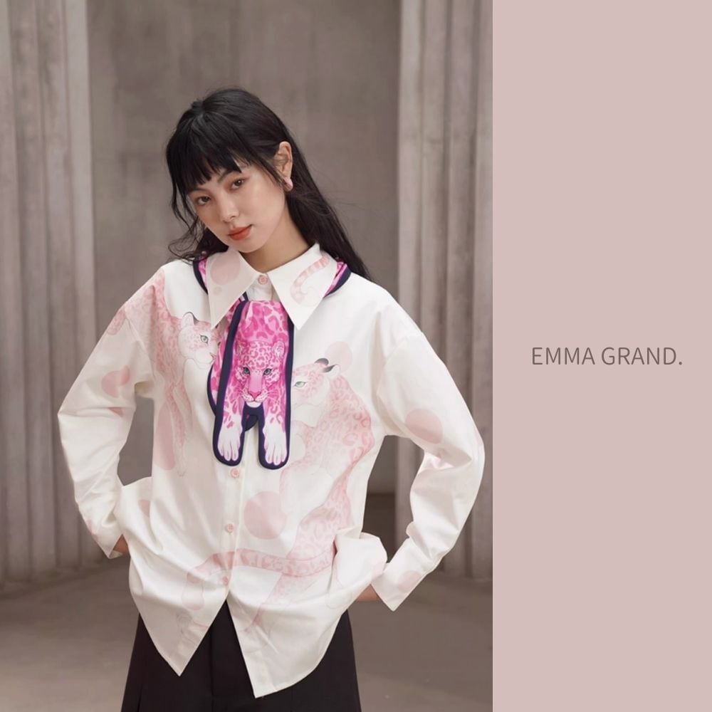 桃色にまどろむ雪ヒョウのドットシャツ E00625 | EMMA GRAND