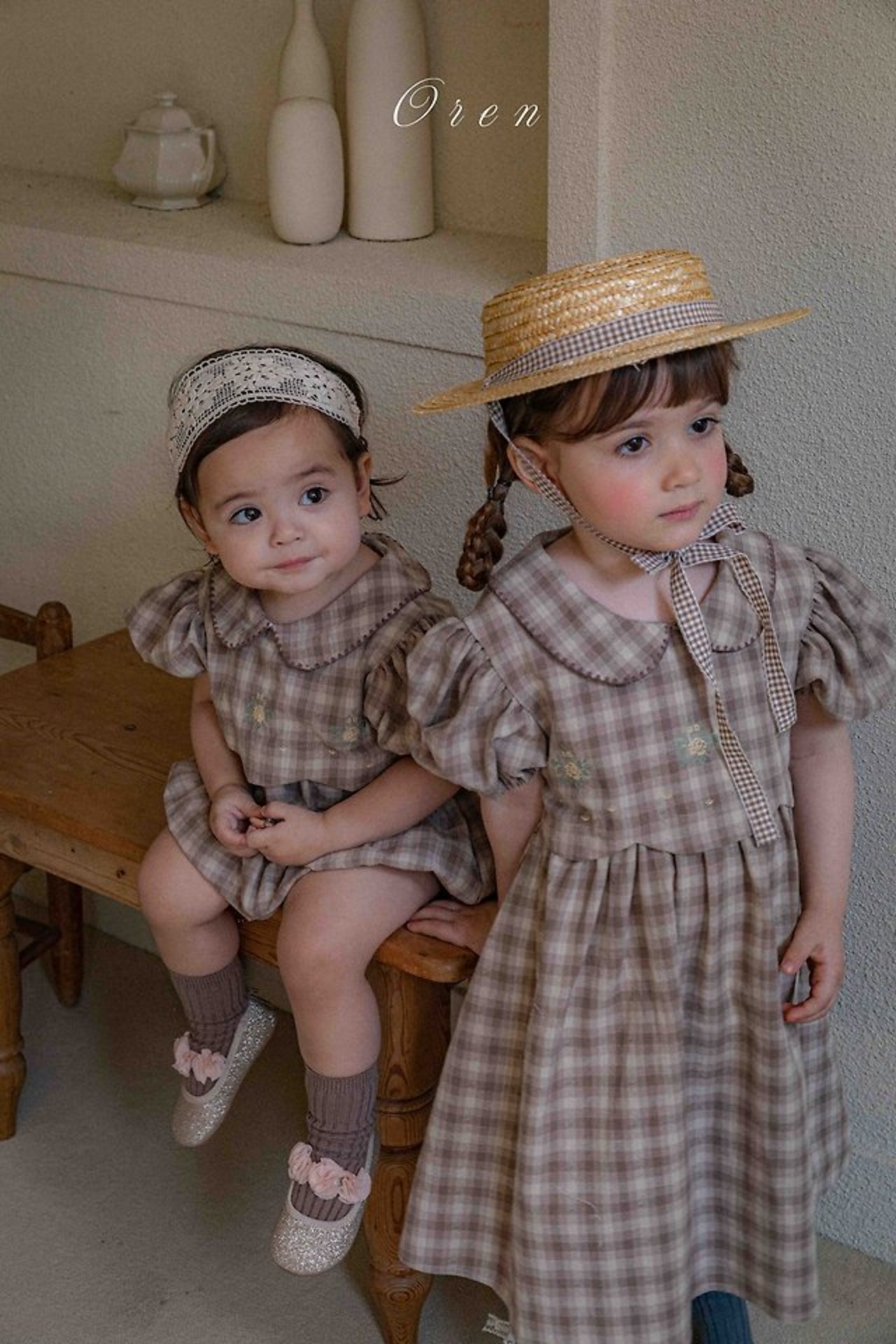 [Oren] Ttua Needlepoint Check Dress Kids / [오렌] 뚜아자수체크원피스키즈