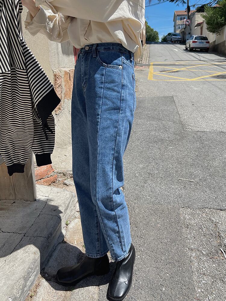 ジーンズ レディーススプリングオータムスタイルハイウェストウェストルーズスリムブルーカジュアルパンツ レッド 春物 秋物 ステッチ ビッグFスモールZ韓国62120334251