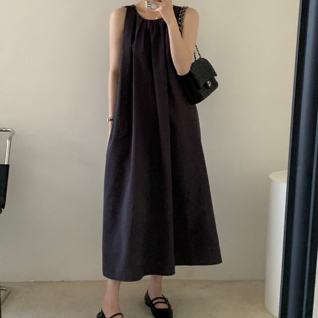 【予約販売】ワンピース レディース ロングワンピース ギャザー ノースリーブ グレー/ブラウン 体型カバー Aライン ワンピ 大人可愛い シンプル エレガント おしゃれ こなれ感 韓国 春 夏 トレンド フリー