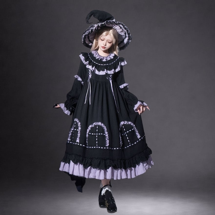 ゴスロリ 魔女ドレス ヘッドドレス 三角帽付き 3点セット ロング丈 舞台 イベント衣装 |予約標品 納期45日