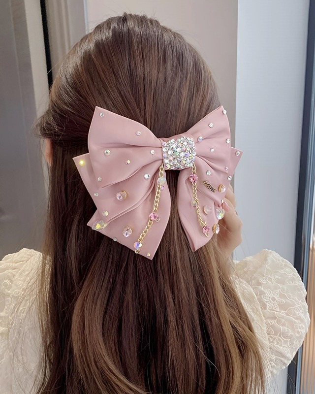 ランダムストーンチェーンリボンヘアクリップ（2 colors）　24A12032