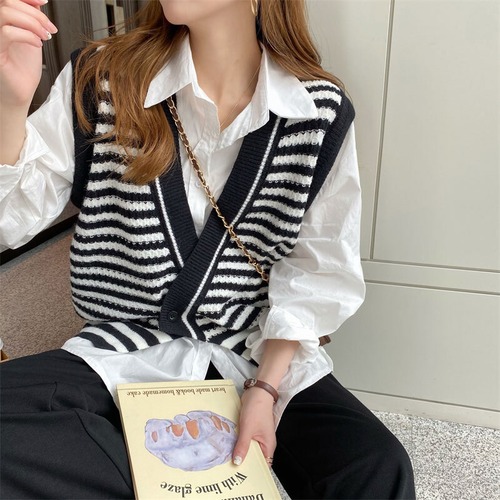 ストライプスプリングオータムニットノースリーブカーディガンVネックトップス 春物 秋物 GU_DUO婦人服3885300181
