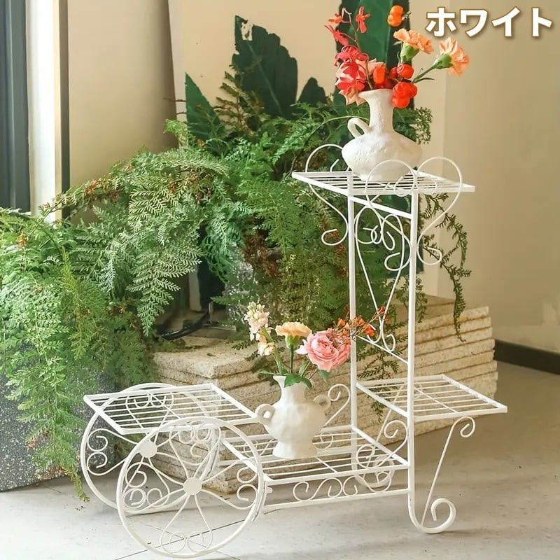 フラワースタンド カート型 メタルプランターラック シンプル手すり