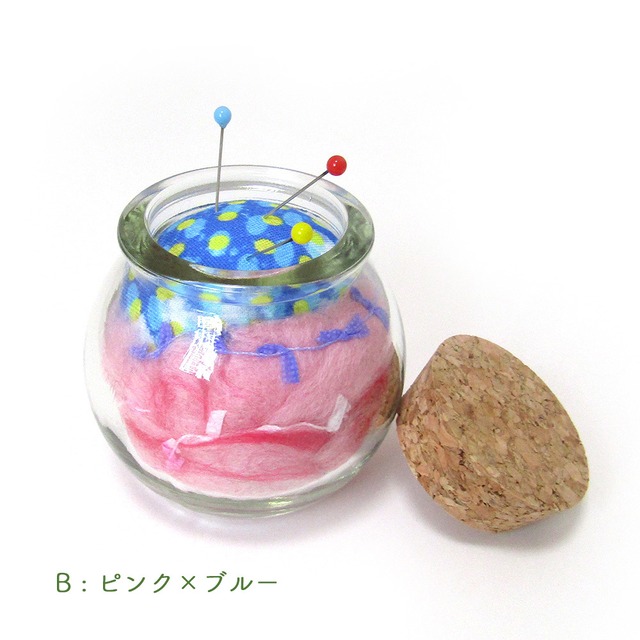ピンクッション・mixウールの針山 コルクビン付き B : ピンク×ブルー
