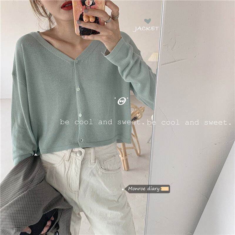 Vネック薄手ニットカーディガンスプリングルーズセーター コート ショートトップス 春物 モンロー65094033655