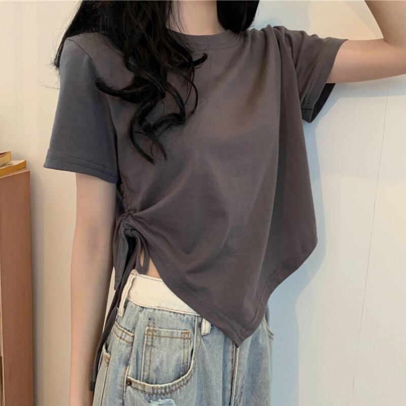 ラウンドネックショートギャザーTシャツ トップス Oネック ハンチェンe76872596806