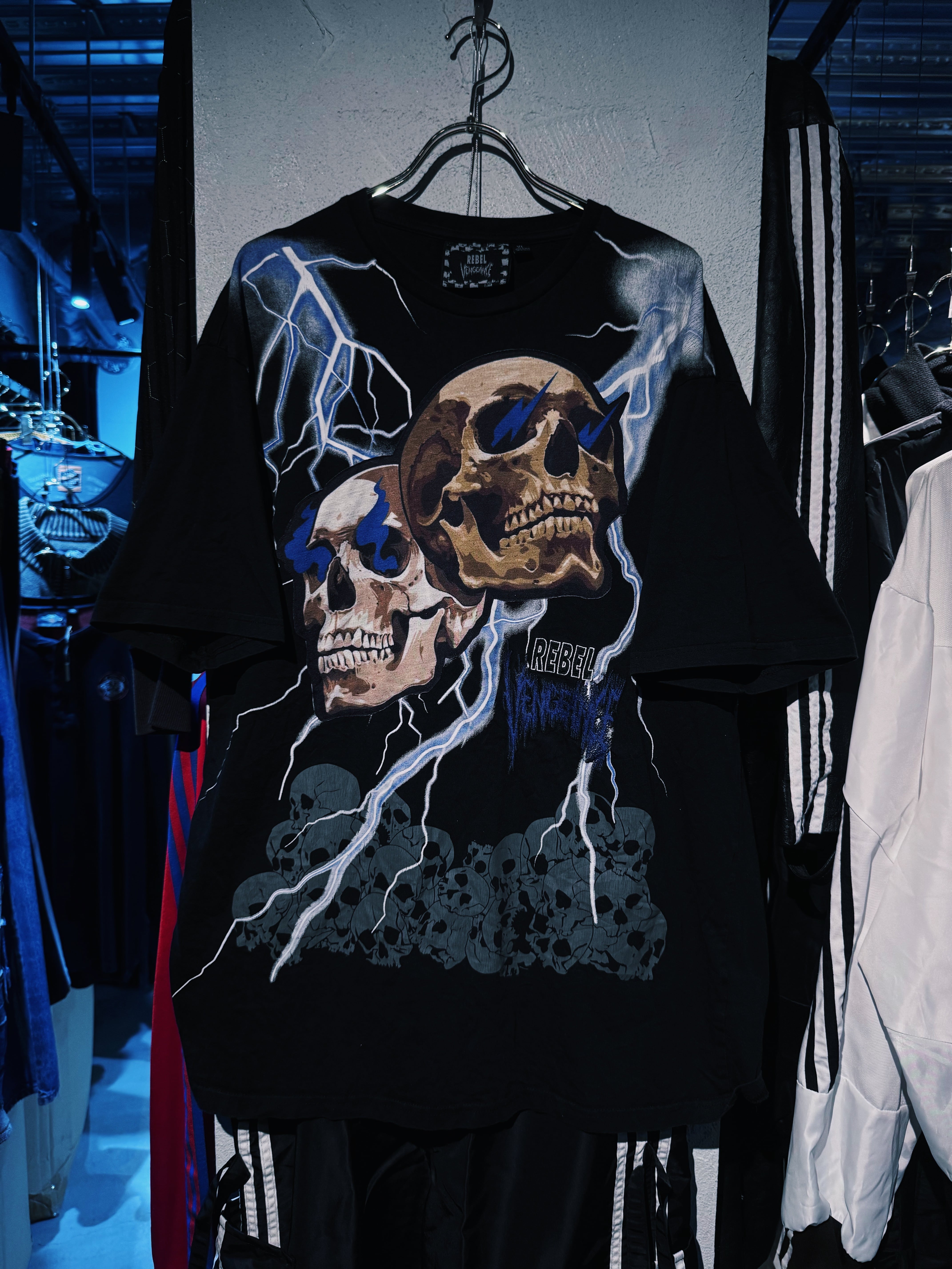 【D4C】vintage "REBEL VENGEANCE" thunder twin Skull design S/S T shirt