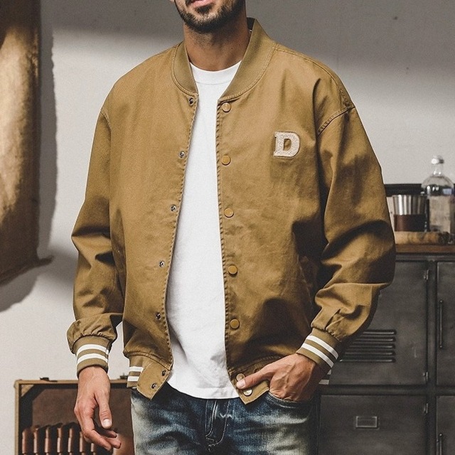 【H0828】Ribbed Stadium Jacket with Button Closure and Patch / 2color