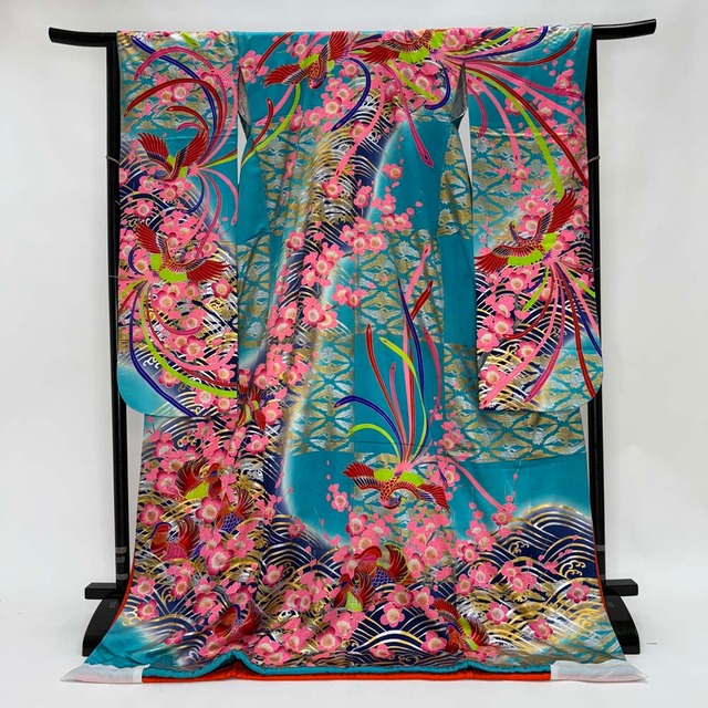本振袖 引き振袖 正絹  水色 ピンク 花柄 古典 刺繍 結婚式 裄65cm Bランク 花嫁衣装 Mサイズ 4421