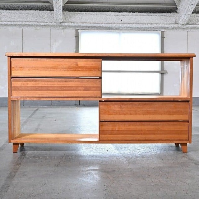 北欧スタイル サイドボード 無垢材 オイル塗装 オープン リビング収納 引き出し ドロワー 抽斗 ディスプレイ 飾り棚 シェルフ キャビネット【中古家具/中古インテリア/USED家具ユーズド家具/リサイクル】