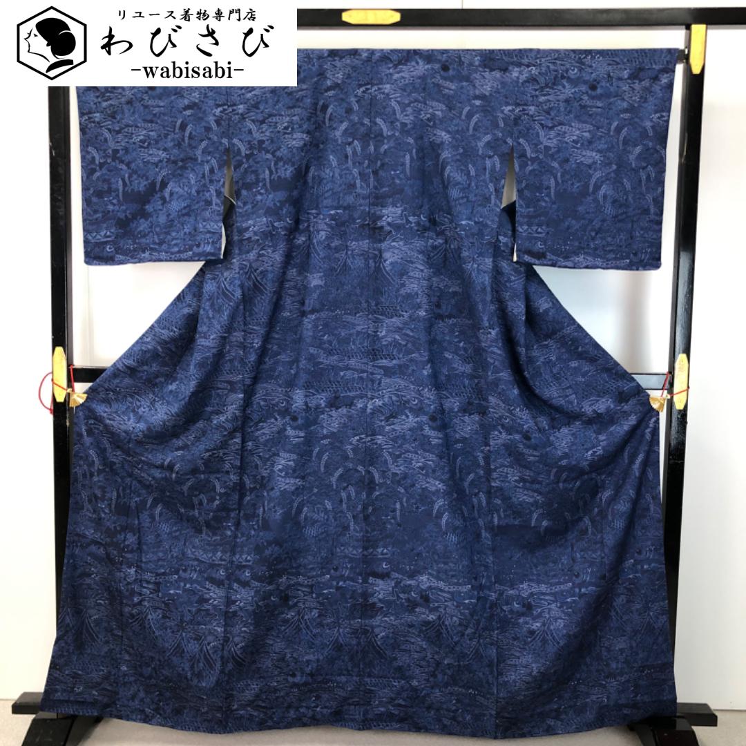 紬着物 鴛鴦 波 花模様 紺藍色 ふくよかサイズ K-5657 着物 きもの