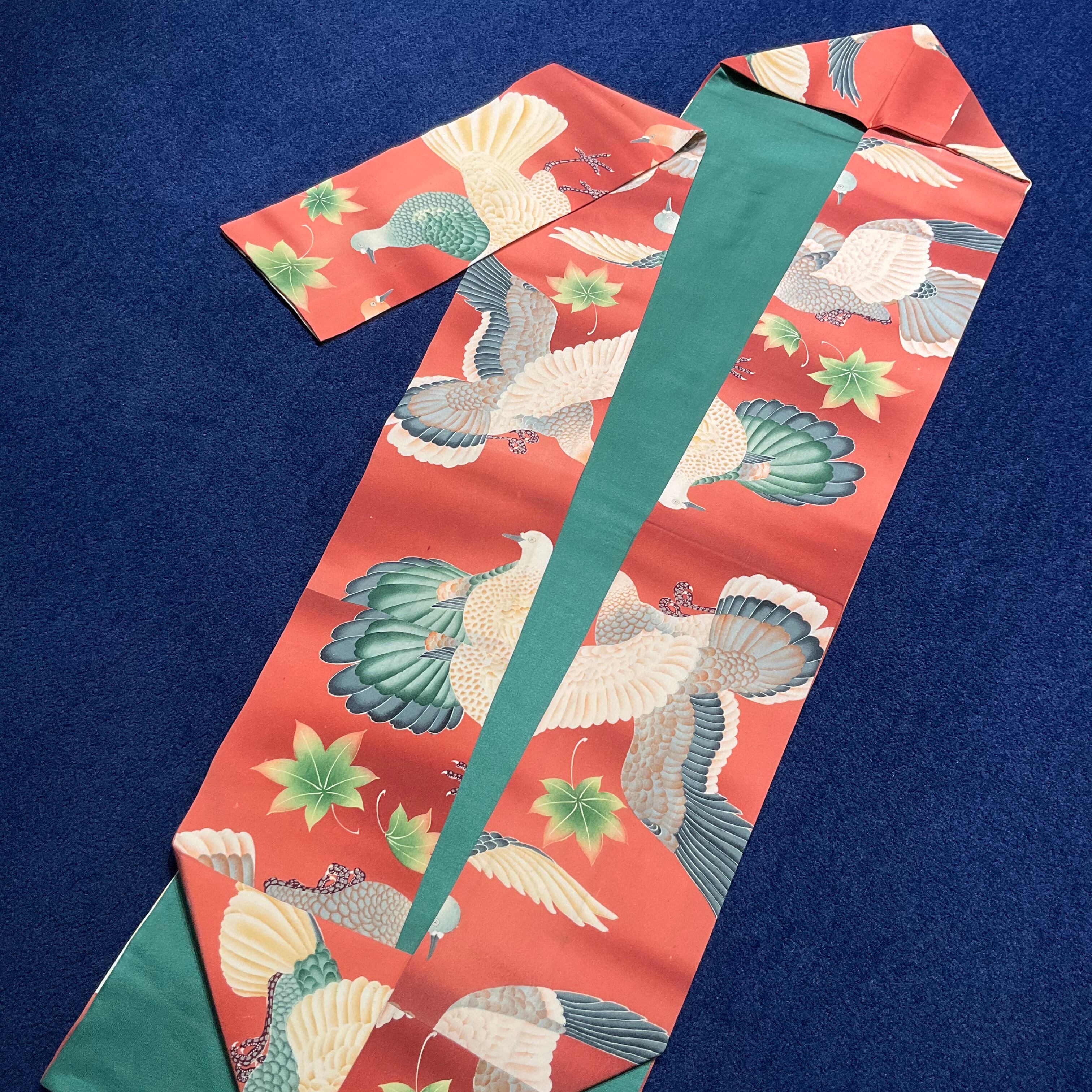 美品 アンティーク着物 大正ロマン 名古屋帯 鳩 紅葉 正絹 時代物 日本 