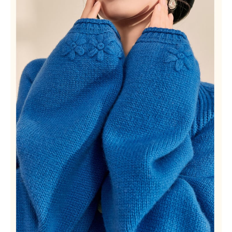 Cobalt Blue Flower-Cuff Knit Cardigan S0245