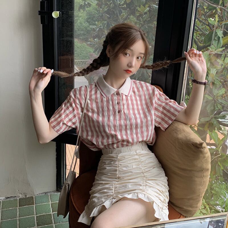 格子柄カラーTシャツ スプリングスタイルルーズトップス ピンク 春物 スーパーモール47207446972