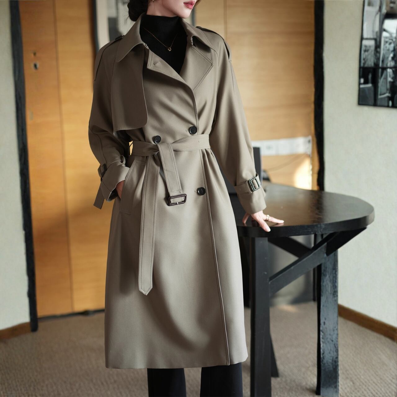 ベルト付きロング丈ダブルブレストトレンチコート K1027
