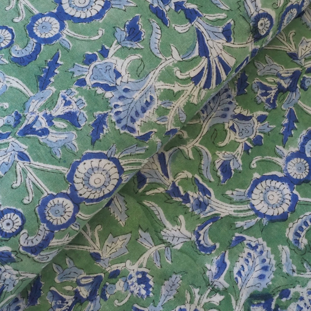 ブロックプリント生地【50cm単位】インド綿  花柄 グリーン×ブルー #45091-GR1