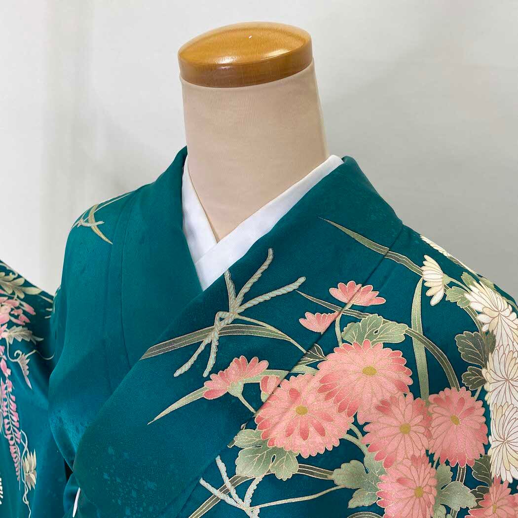 中古 振袖 正絹 美品 花柄 L サイズ 緑 グリーン 成人式 古典 裄丈67cm