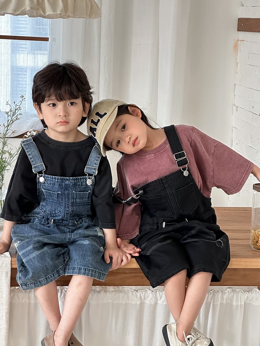 ダメージ加工デニムオーバーオール（2色展開）JIAY｜サロペット 半端丈