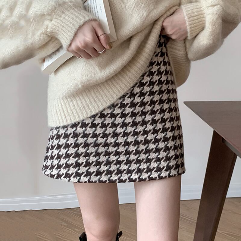 スプリングオータムショートスカート スタンダード格子柄薄手ウェストAライン レトロ 春物 秋物 スーパーモール27993206698