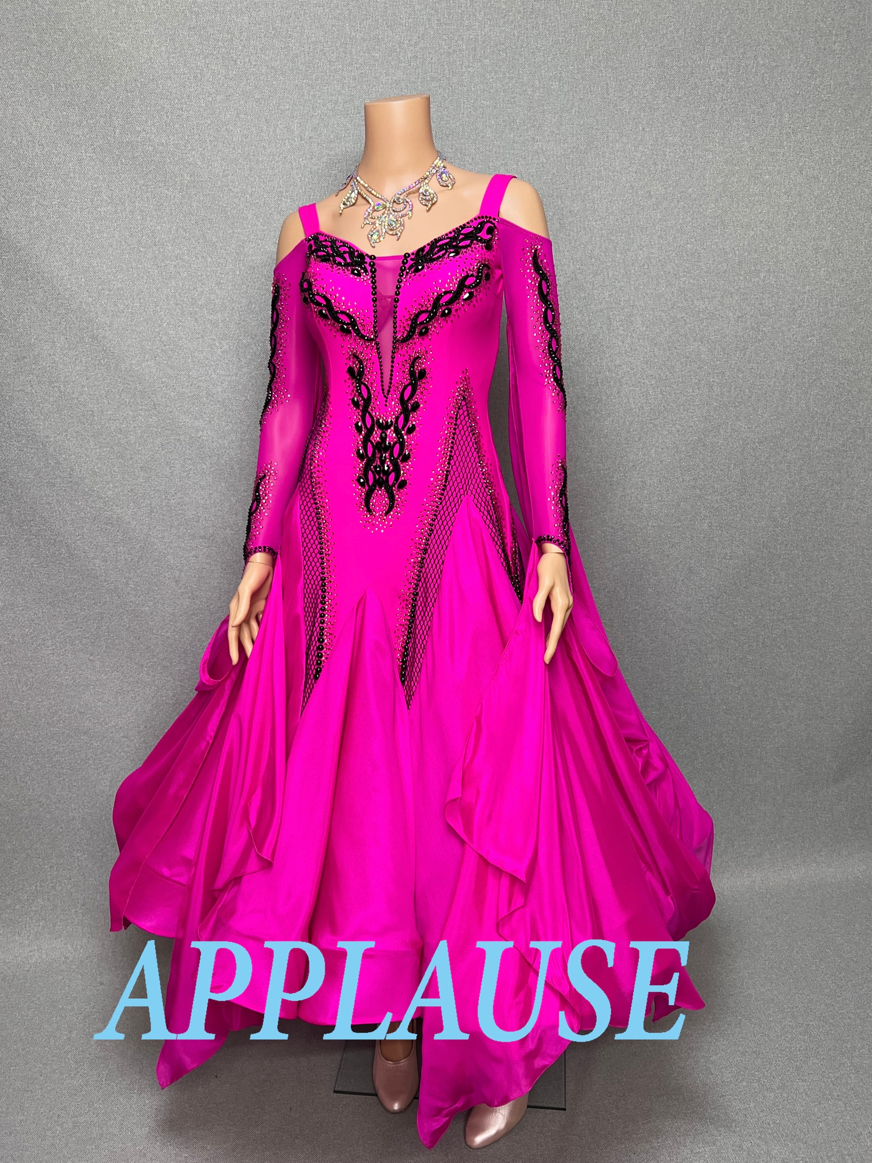 【新着】社交ダンス ドレス　モダン　スタンダード ドレス　ST-26-１　フューシャピンク　M〜L　デモ・競技用ドレス　発表会　衣装　パーティドレス　ワンピース　舞台衣装