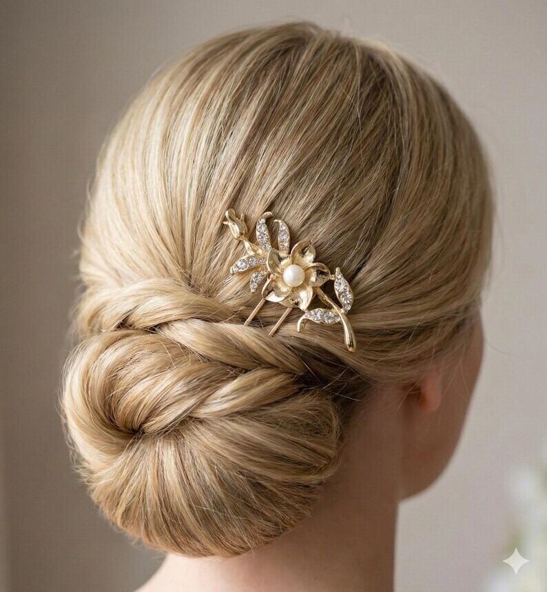 ゴールド×パール フラワーヘアフォーク