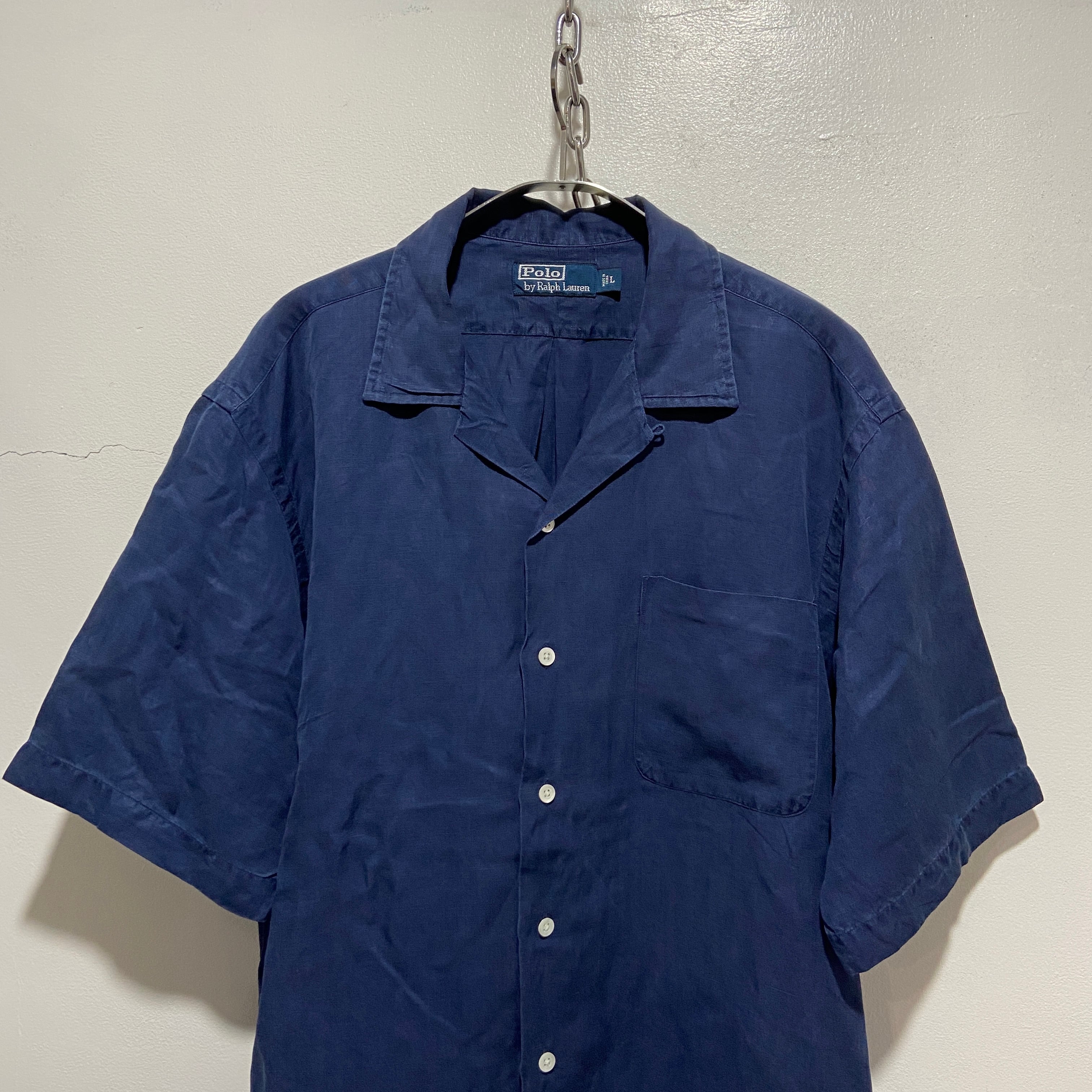 送料無料』Ralph Lauren 90s オープンカラーシャツ ネイビー L リネン