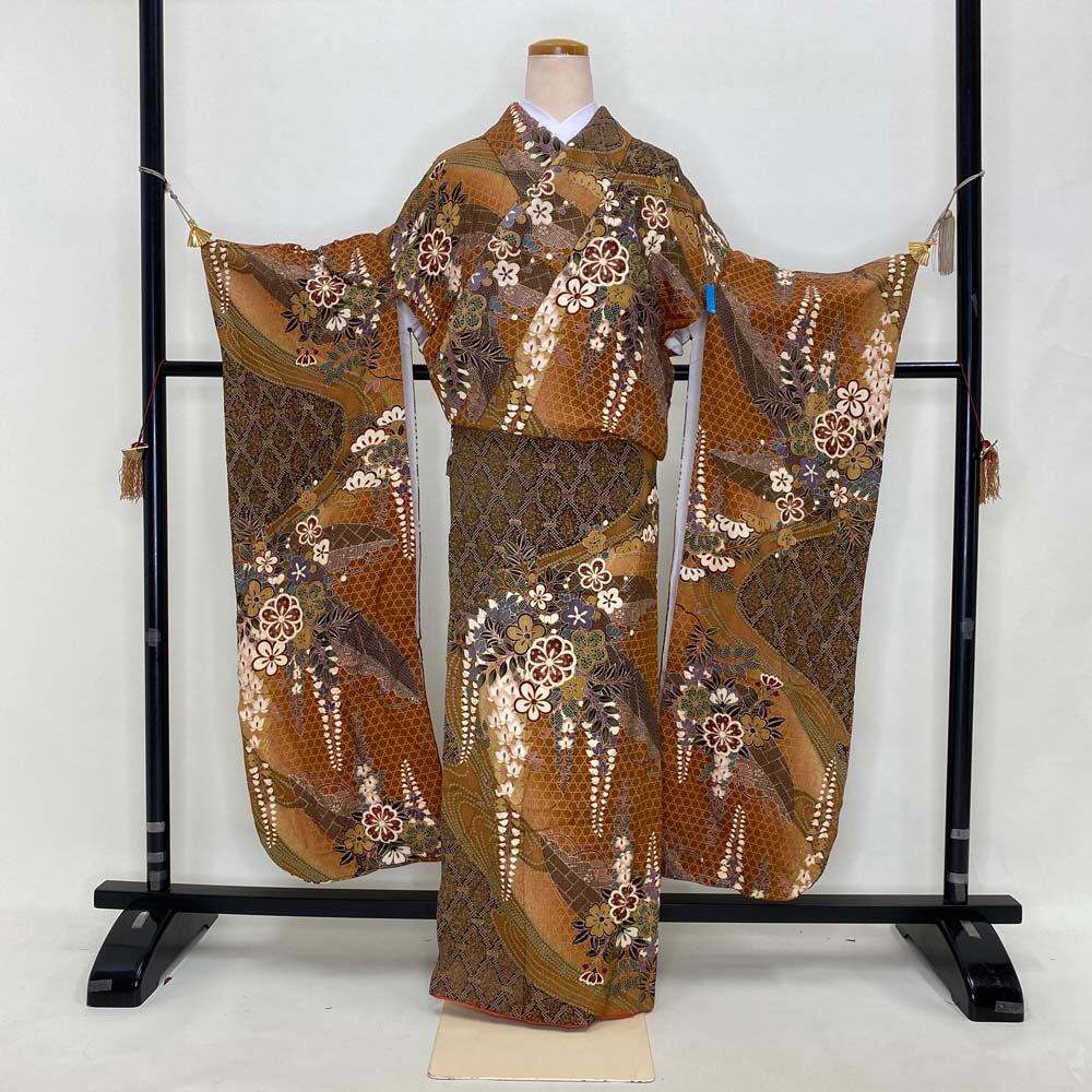 【中古美品】振袖 身丈163 裄67 正絹 成人式に 美品 振袖 身丈162cm 裄丈67cm M 袷 草花 金彩 朱色 正絹 名品 中古