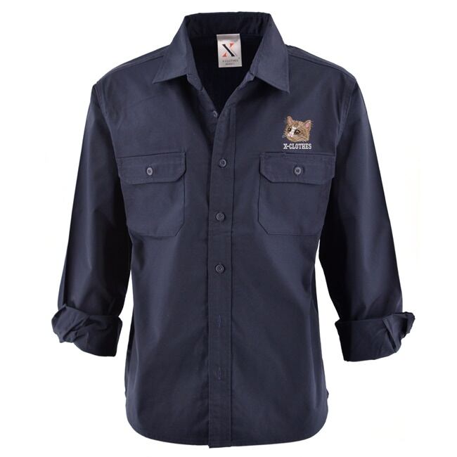 ワンポイント リアル 刺繍 長袖 ワークシャツ メンズ オリジナル 黒