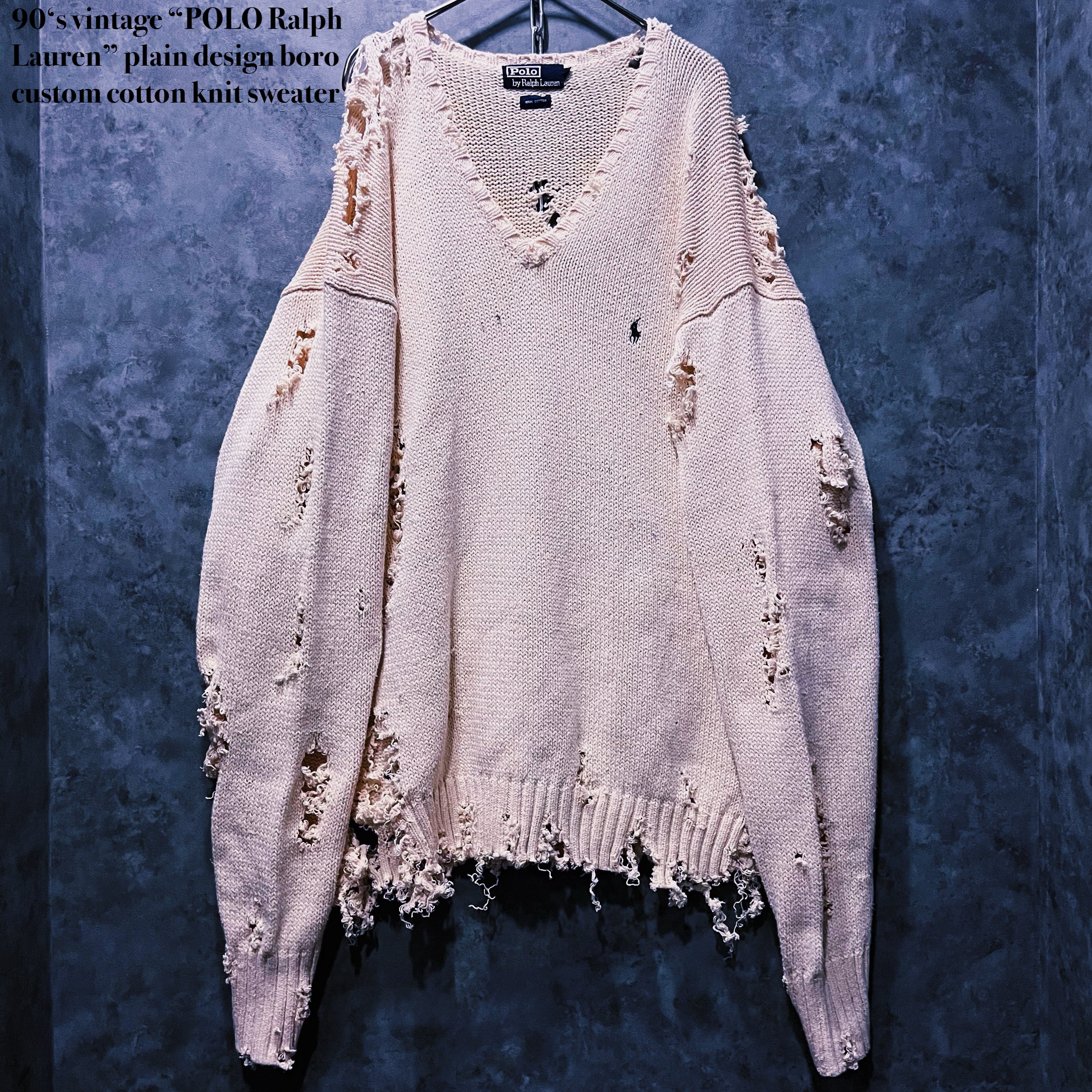 【doppio】90‘s vintage “POLO Ralph Lauren” plain design boro custom cotton knit sweater