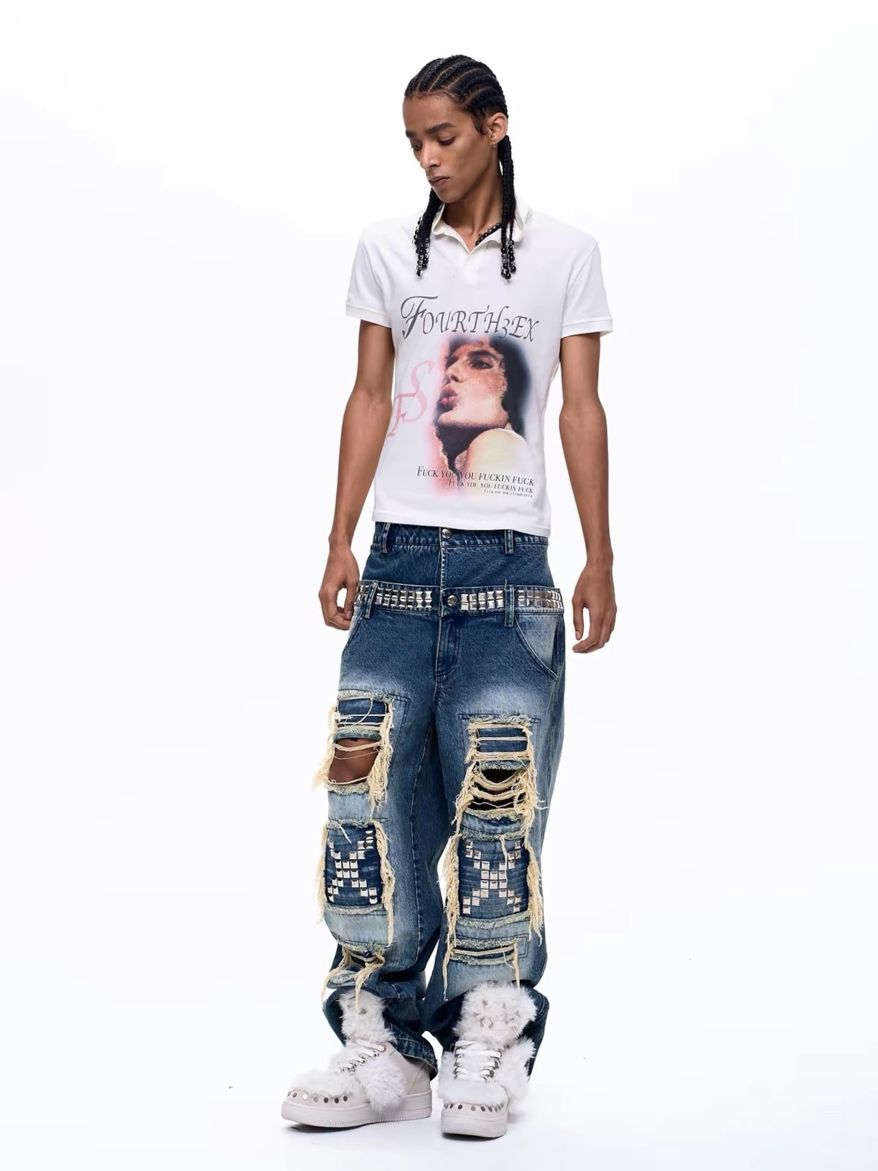 【Fourth3ex】Double Waist Distressed Denim Pants