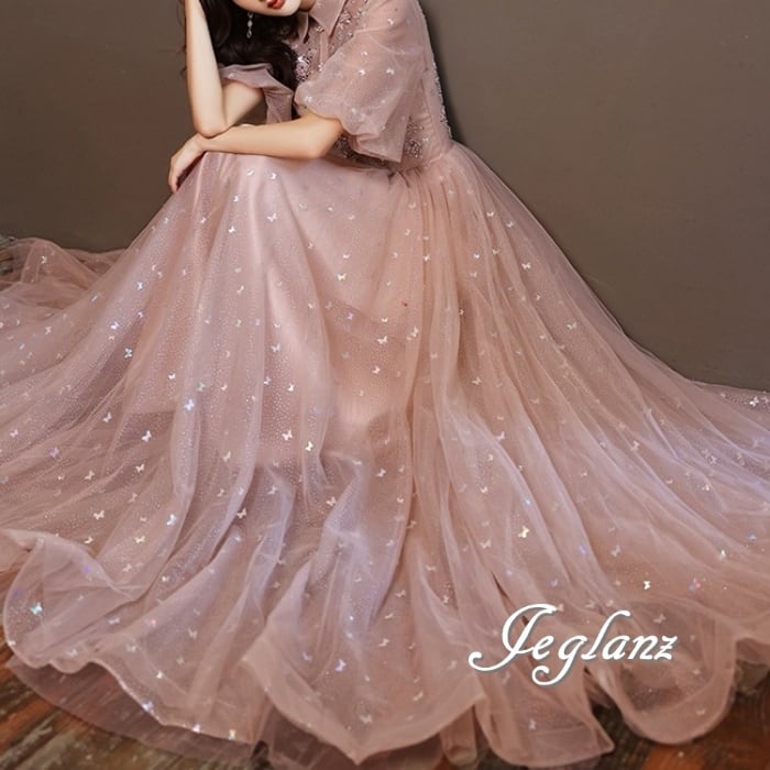 パーティ イブニングドレス 襟付き パール 蝶 ラメ 光沢感 5分袖(M9044)ζ