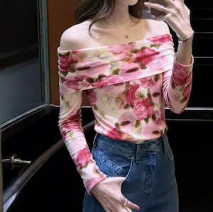 rose print off shoulderlong sleeve knit top<t3090>