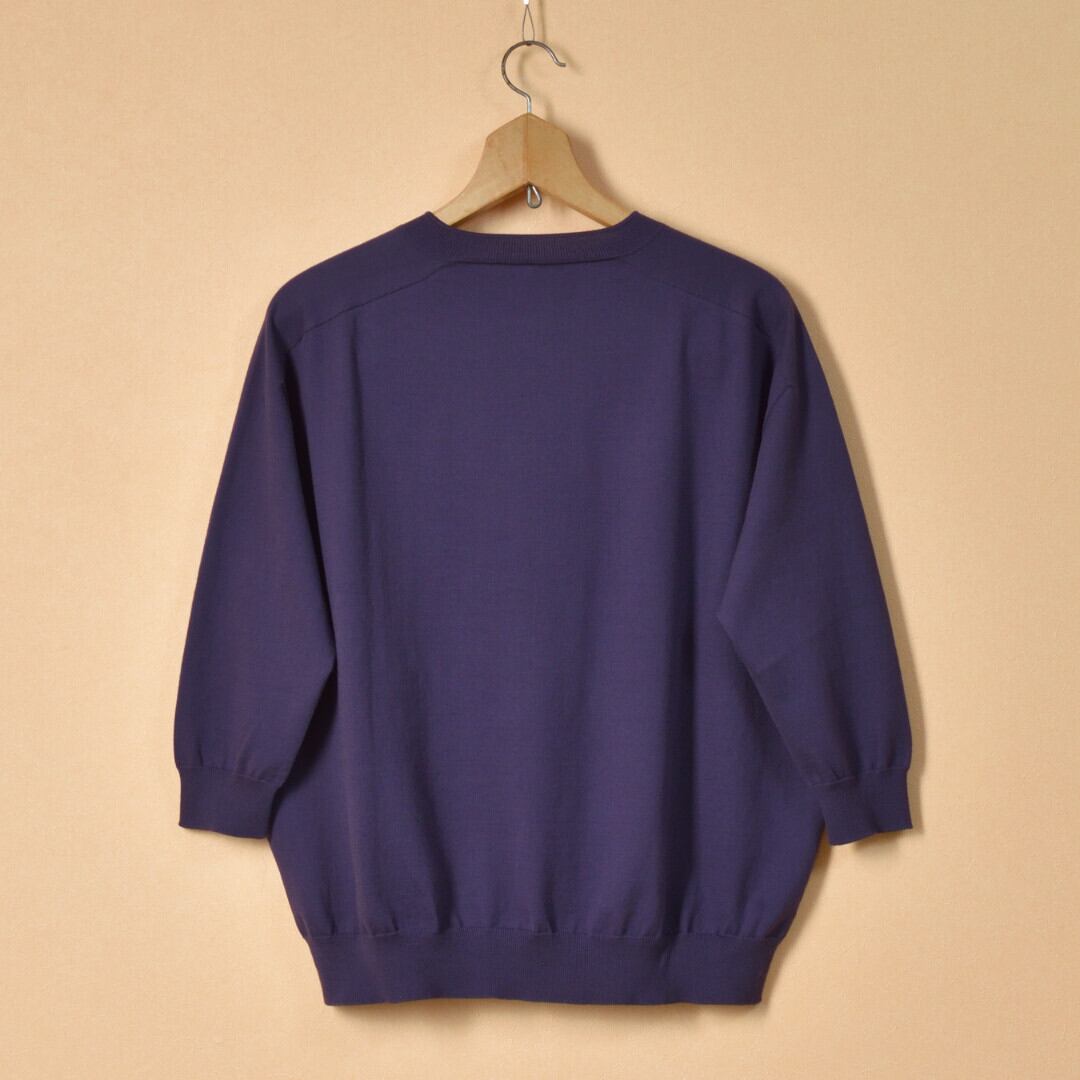 LinenYa リネンや クルーネック7分袖コットンニット・パープル 柔らかく着心地の良いリンキングニットです