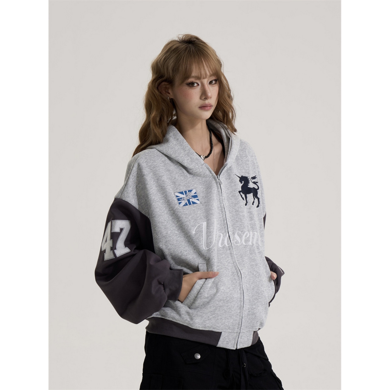 VINTAGE ストリート コントラストスリーブ ジップパーカー T1887